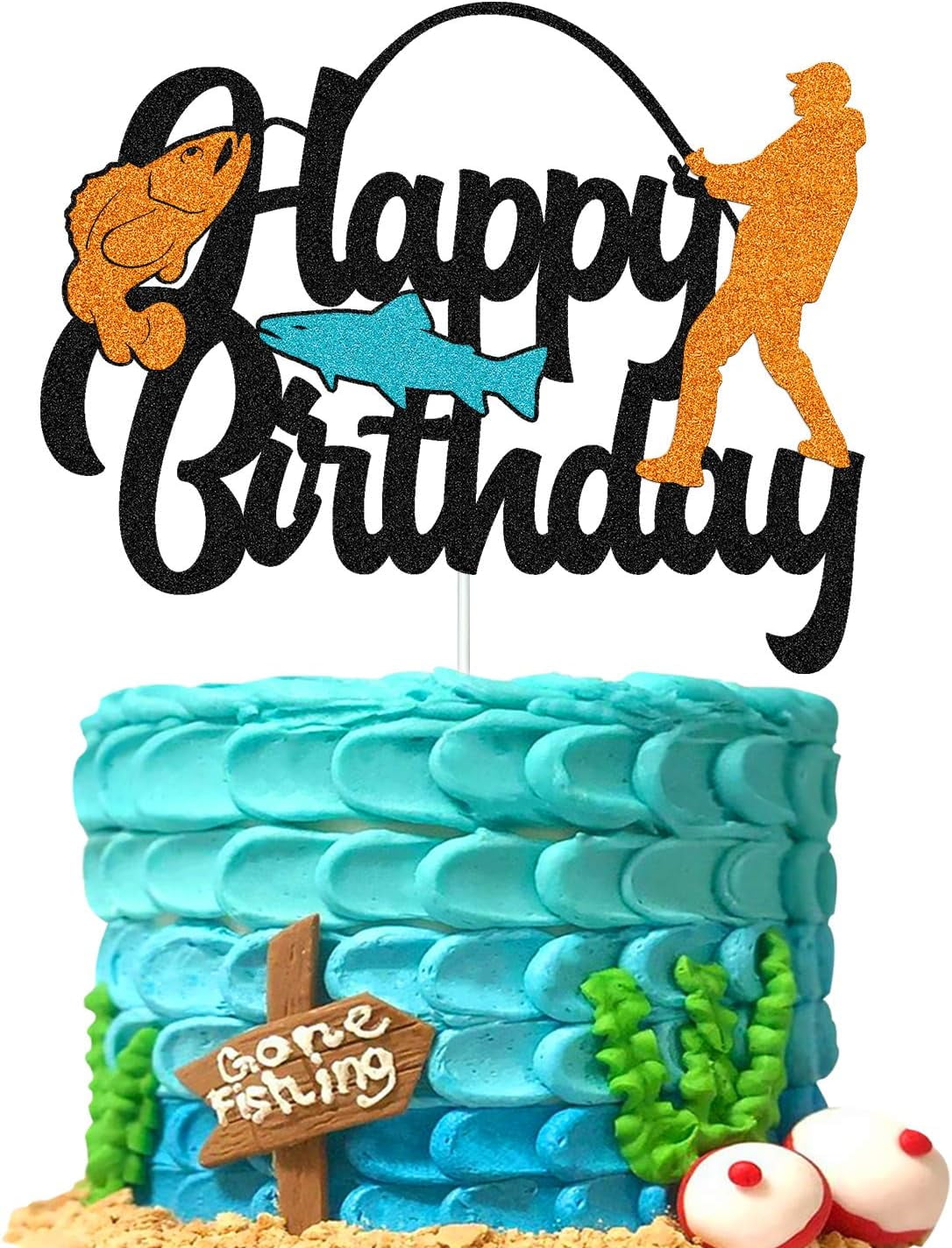 Fish Cake Topper Happy Birthday Sign Cake Decorations for Man Kids Boy  Fisherman Gone Fishing Themed Birthday Party Supplies Black Glitter Decor