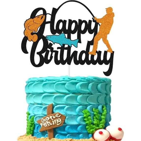 Fish Cake Topper Happy Birthday Sign Cake Decorations for Man Kids Boy Fisherman Gone Fishing Themed Birthday Party Supplies Black Glitter Decor