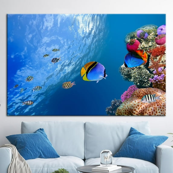 Fish Canvas Art, Underwater Fish Art, Seascape Printed, Tropical Fish Wall Decor, Blue Art, Ocean Poster, Ocean Landscape Poster, Canvas Wall Decor - 5P-Rolled Canvas
