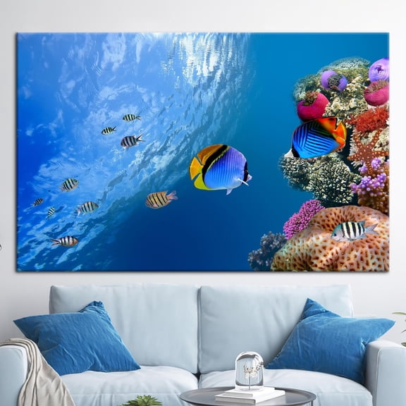 Fish Canvas Art, Underwater Fish Art, Seascape Printed, Tropical Fish Wall Decor, Blue Art, Ocean Poster, Ocean Landscape Poster, Canvas Wall Decor - Gallery Wrapped
