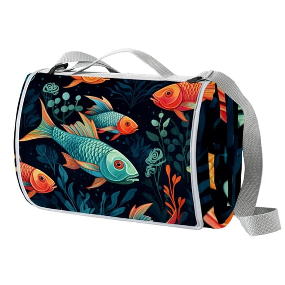 Fish Canvas Picnic Mat Waterproof Outdoor Camping Beach Blanket Large Foldable Portable Mat Backing -Proof for Family Travel Hiking Park Grass Yard