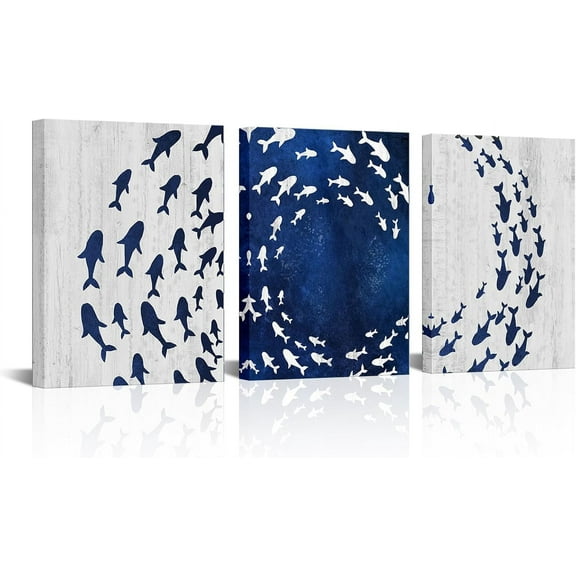 Fish Canvas Wall Art Abstract Fish Dancing Painting Prints Modern Blue and White Bathroom Decor (Blue)