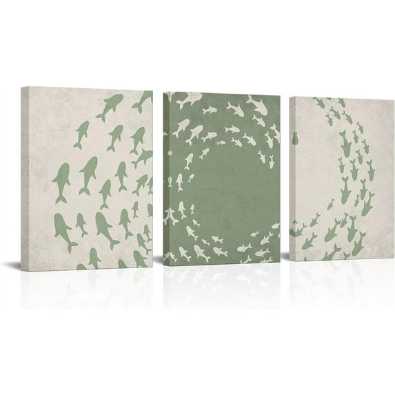 Fish Canvas Wall Art Abstract Fish Dancing Painting Prints Modern Green Bathroom Decor (Green)