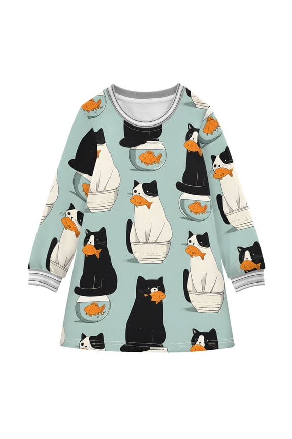 Fish Cat Pattern Girls'long-sleeved dress Thickened A-dress Warm Dress Basic Shirt Party Dresses