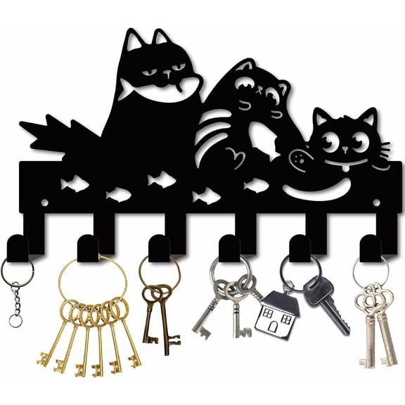 Fish Cats Key Holder for Wall Key Hanger Metal Key Organizer Coat Rack with 6 Hooks Key Hanging Holder Iron Wall Mount Hooks Wall Decorative for Entry Hallway FrontDoor 10.6x6.3InchMixed Color