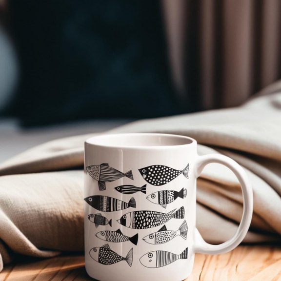 Fish Ceramic Mug, Black & White Fish Aroffee Cup, Perfect Gift Fish Lovers, Kitchen Dr, Beach House Mug, Housewarming gift.