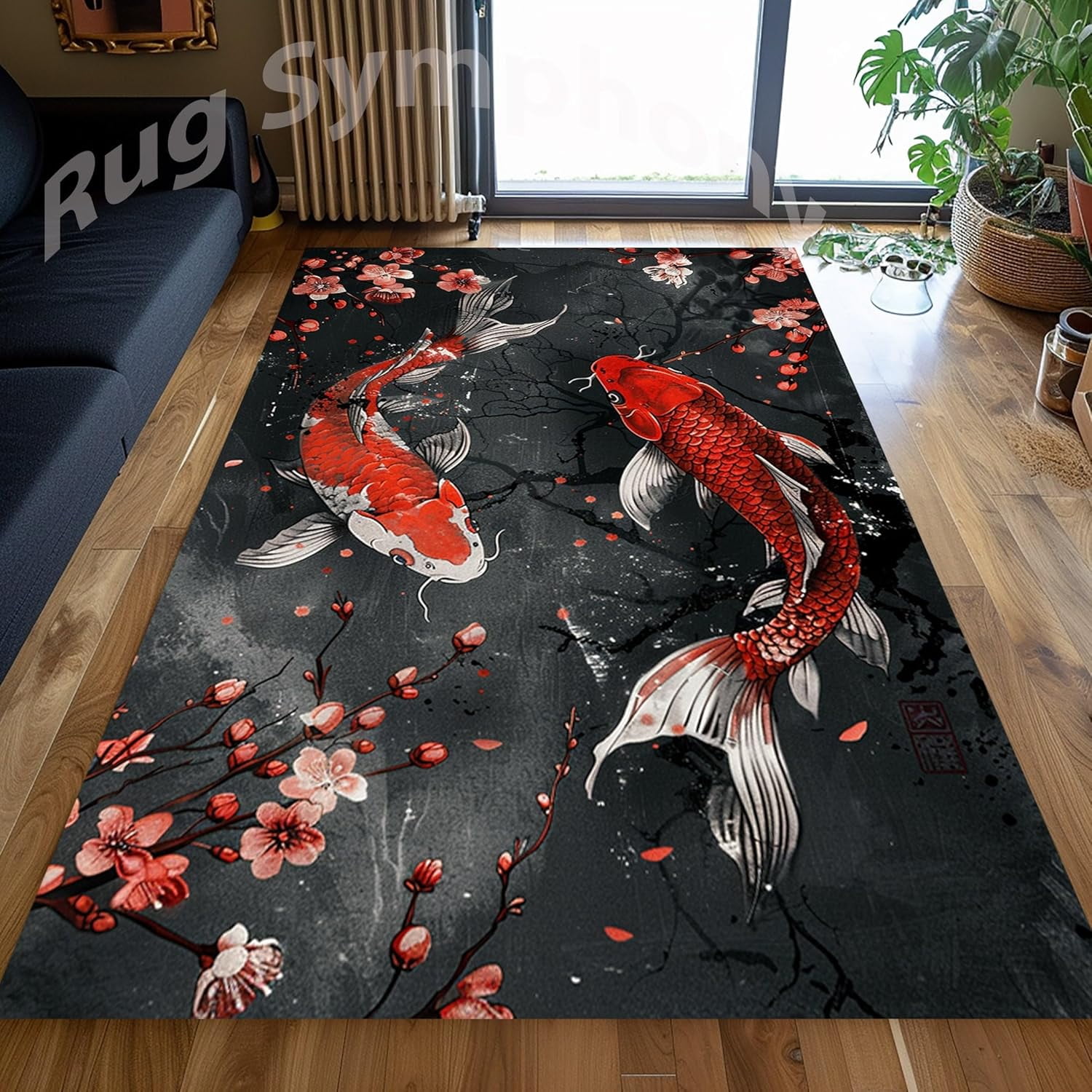 Fish and Cherry Blossom Rug, Abstract Japanese Pattern Rug, Pond Fish ...