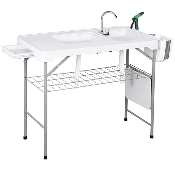 Fish Cleaning Table with 2 Sinks, 42.5'' Portable Folding Camping Fish Station with Foldable Faucet, Drainage Hose, Sprayer, Grid Rack, Storage Box, Drawer & Grooves for Picnic, White