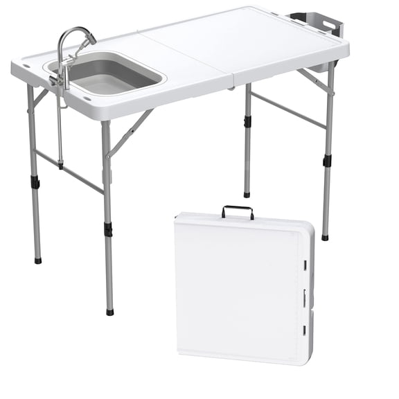 Fish Cleaning Table with 2 Sinks, 42.5'' Portable Folding Camping Fish Station with Foldable Faucet, Drainage Hose, Sprayer, Grid Rack, Storage Box, Drawer & Grooves for Picnic, White