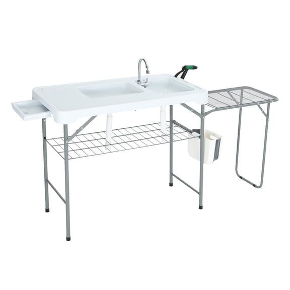 Fish Cleaning Table with Dual Sinks & Side Table, White Portable Fish Skinning Cleaning Station with Faucet, Spray Nozzle & Toolkit for Fishing, BBQ, Camping & Backyard Food Prep