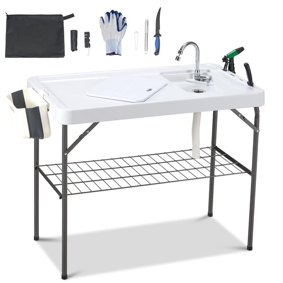 Fish Cleaning Table White & Black 22.8"Dx42.5"Wx36.2"H Portable Outdoor Camping