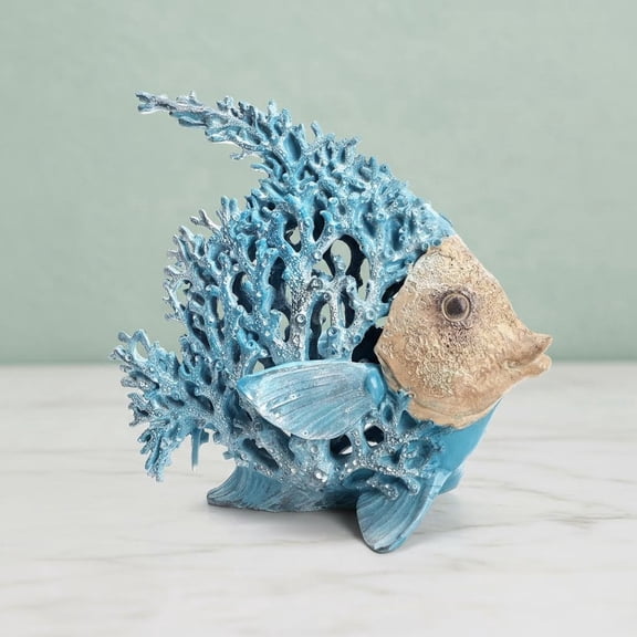 Fish Coastal Decor, Resin Coral Reef Angelfish Sculpture, Blue Ocean Themed Centerpiece, Nautical Beach Figurine Gift, Modern Aquarium Sea Art Decor for Home Office Coffee Table