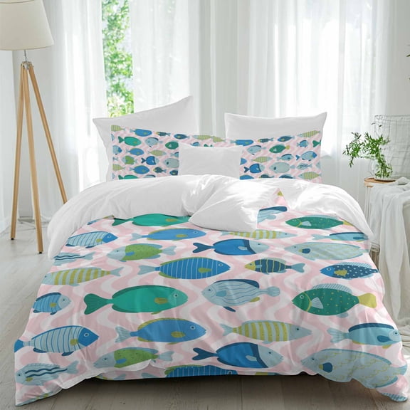 Fish Comforter Set Twin Size, Cartoon Colored Little Fish Pink Waves Soft Bedding Set for Man Woman, 4 Pieces Duvet Cover Set with Fitted Sheet, 2 Pillowcases