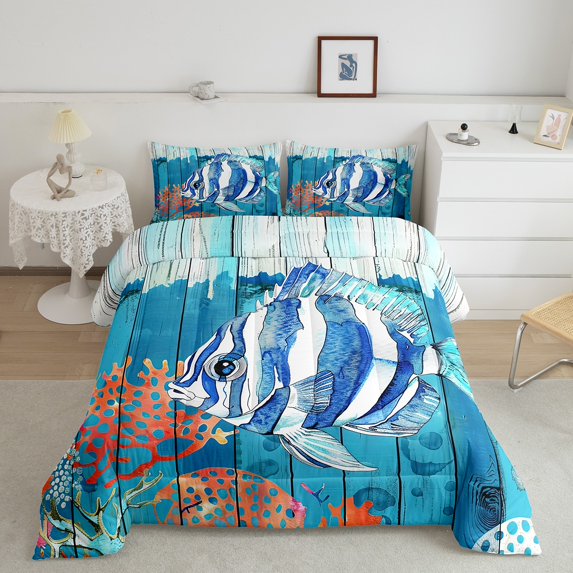 Fish Comforter Set Blue Ocean Twin Bedding Sets ,Coastal Quilt Nautical Sea Animal Duvet Insert Tropical Hawaii Beach Decor