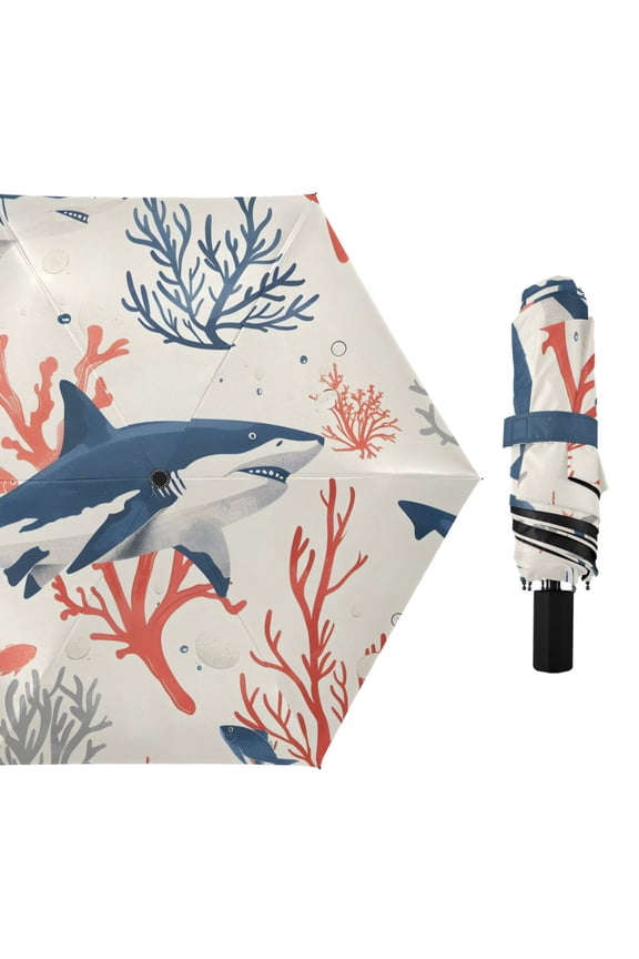 Fish Coral Cartoon Style All Weather Umbrella Triple Folding Parasol 6 Ribs UV Protection Portable