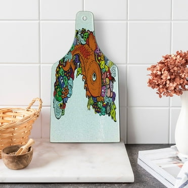 Fish Cutting Board, Big Fish with Bunch of Underwater Sea Creatures Animal Ocean Coral Reef Fun, Decorative Tempered Glass Cutting and Serving Board, Wine Bottle Shape, Multicolor, by Ambesonne