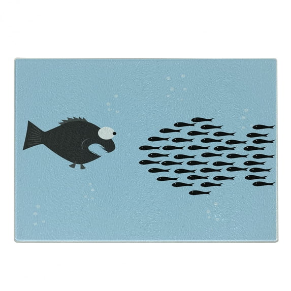 Fish Cutting Board, Little Fishes United to Fight with Big Fish Theme Aquatic Wildlife in the Ocean, Decorative Tempered Glass Cutting and Serving Board, Small Size, Blue and Black, by Ambesonne