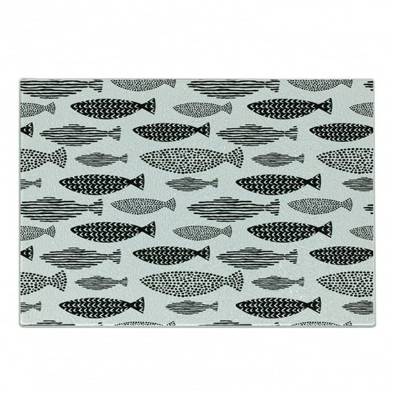 Fish Cutting Board, Minimalist Fish with Pared down Dots and Stripped Lines Sea Animal Image, Decorative Tempered Glass Cutting and Serving Board, Small Size, Black White, by Ambesonne