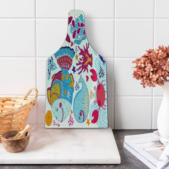 Fish Cutting Board, Fish Motifs with Effects and Starfish Crab Dolphin Animals Boho Design, Decorative Tempered Glass Cutting and Serving Board, Wine Bottle Shape, Multicolor, by Ambesonne