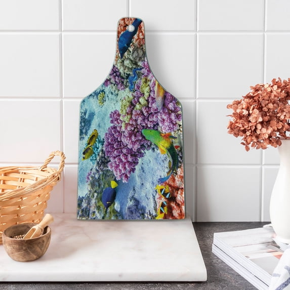 Fish Cutting Board, Surreal View of Marine Life with Submerged Colony of Pillar Corals Aquatic Fauna Print, Tempered Glass Cutting and Serving Board, Wine Bottle Shape, Multicolor, by Ambesonne