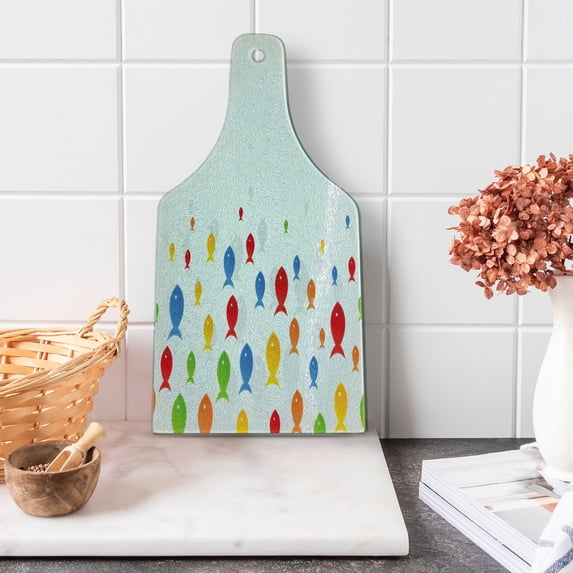 Fish Cutting Board, Types of Colored Fishes Floats on Grey Background Sea Animals Mammals Pattern, Decorative Tempered Glass Cutting and Serving Board, Wine Bottle Shape, Multicolor, by Ambesonne