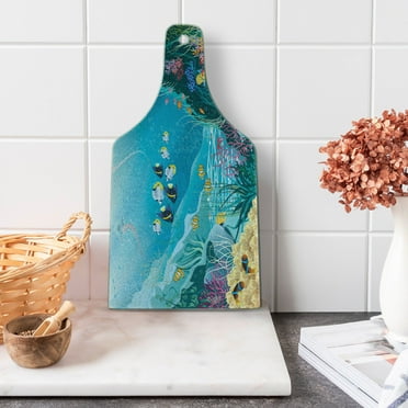 Fish Cutting Board, Underwater Landscape with Tropical Fish and Algae Polyps Descriptive Nautical Image, Tempered Glass Cutting and Serving Board, Wine Bottle Shape, Multicolor, by Ambesonne