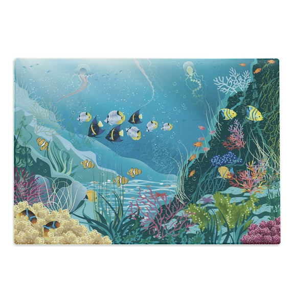 Fish Cutting Board, Underwater Landscape with Tropical Fish and Algae Polyps Descriptive Nautical Image, Decorative Tempered Glass Cutting and Serving Board, Large Size, Multicolor, by Ambesonne