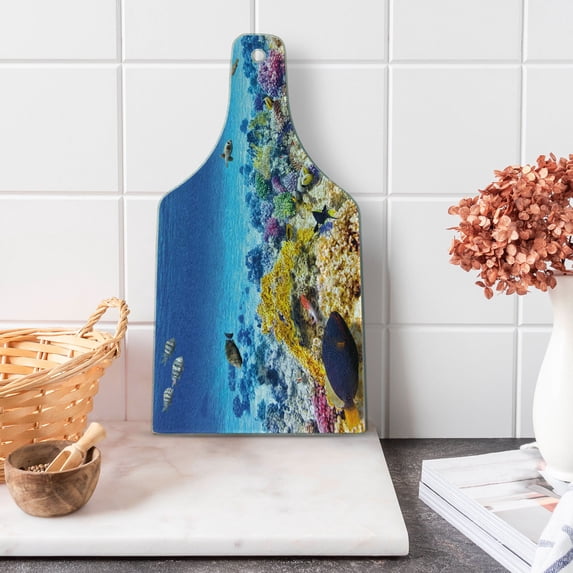 Fish Cutting Board, Underwater Sea World Scene Goldfish Starfish and Jellyfish Depth Diving Concept, Decorative Tempered Glass Cutting and Serving Board, Wine Bottle Shape, Turquoise, by Ambesonne