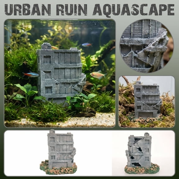 Fish Decorations for Tank, Aquarium Hide Fish Cave Ruin Decor, Miniature Concrete Terrain Diorama Piece, Aquarium Safe Post Apocalyptic Decor, 3X2X3 Inch Hand Finished Ruined City