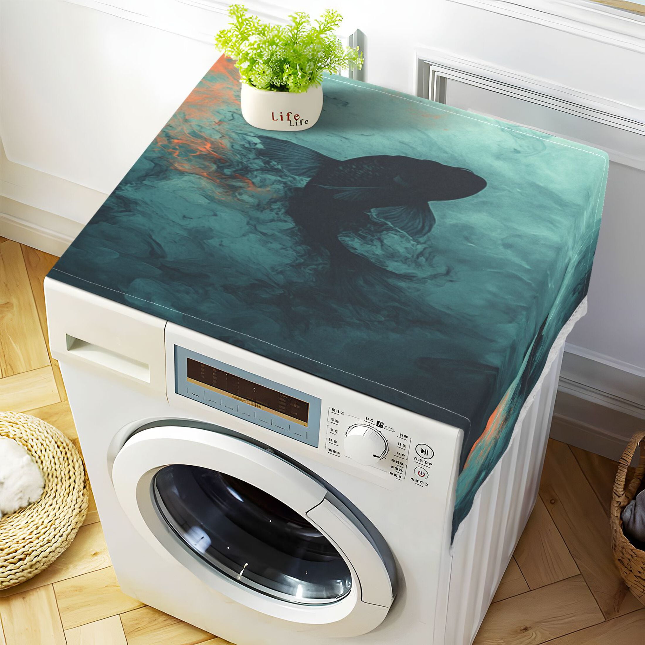 Fish Of The DeepWasher and Dryer Covers Dust-Proof and Oil Resistant Fridge Cover with 4 Storage Pockets Washing Machine Top Cover for Laundry Kitchen Home 51.2 x 22 In