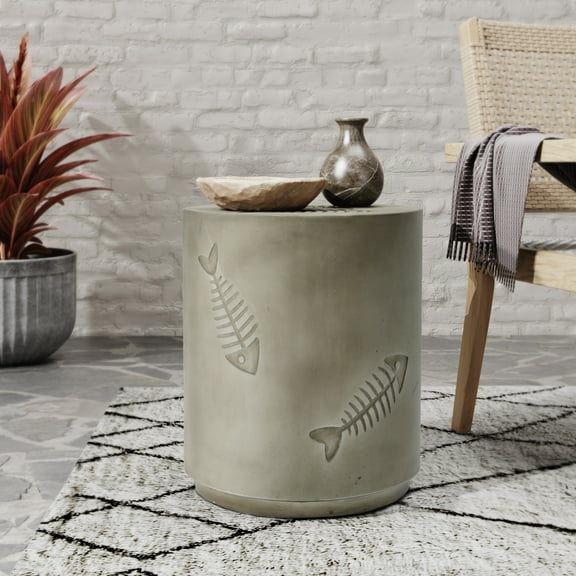 Fish Design Outdoor MgO Concrete Round Side Table, Grey