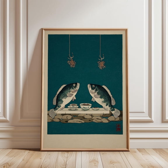 Fish Dining Japanese Folk Art Illustration Teal Green Cream Wall Art Print, Unframed Paper Poster 8x10in