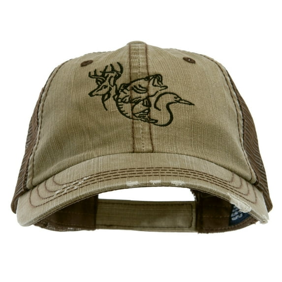 Fish Duck Deer Embroidered Low Profile Special Cotton Mesh Cap - Khaki Brown OSFM