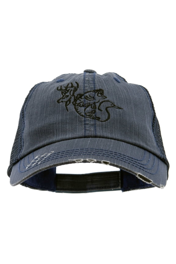 Fish Duck Deer Embroidered Low Profile Special Cotton Mesh Cap - Navy OSFM