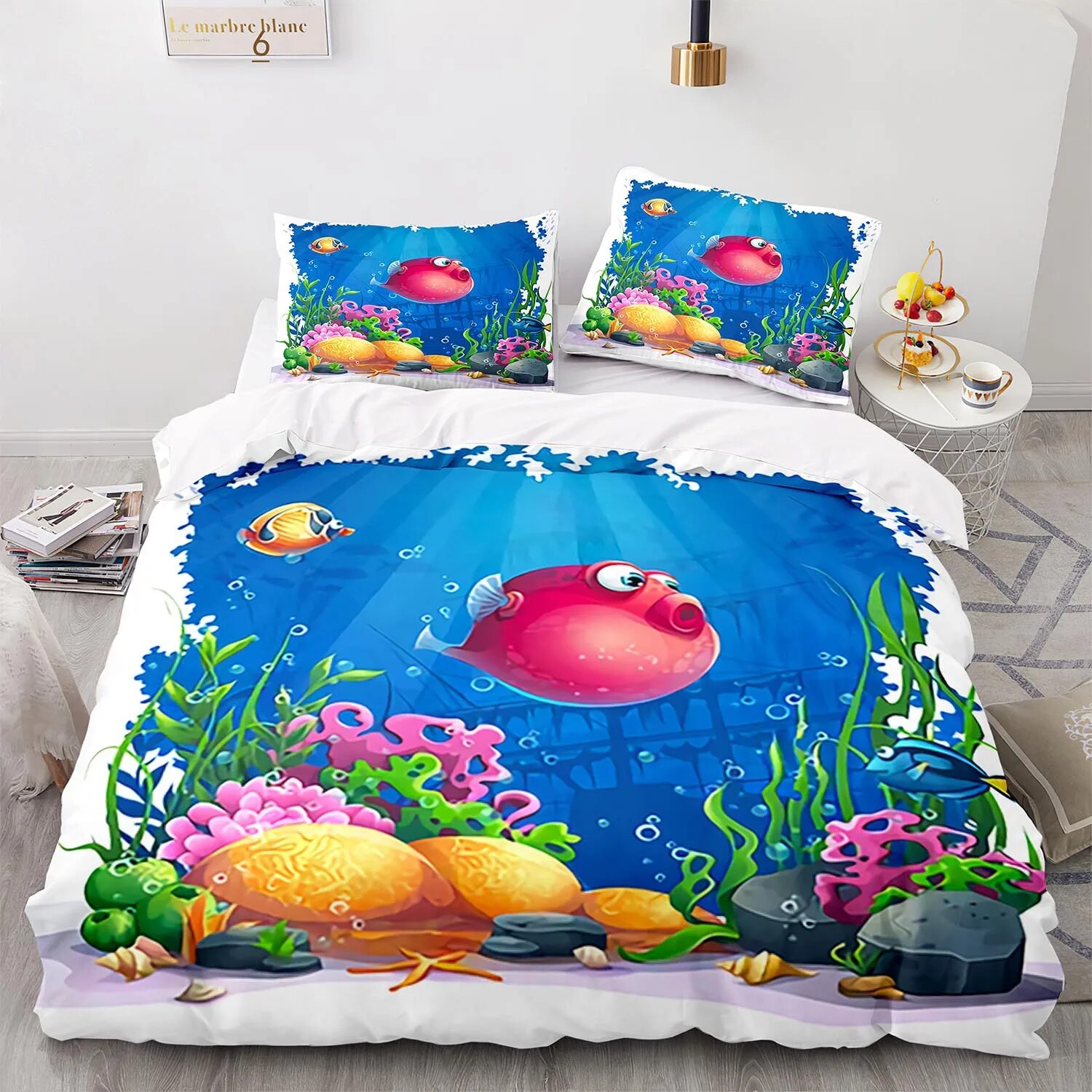 Fish Duvet Cover Full Ocean Bedding Sets 3D Printed Underwater World With Goldfish Coral Reef