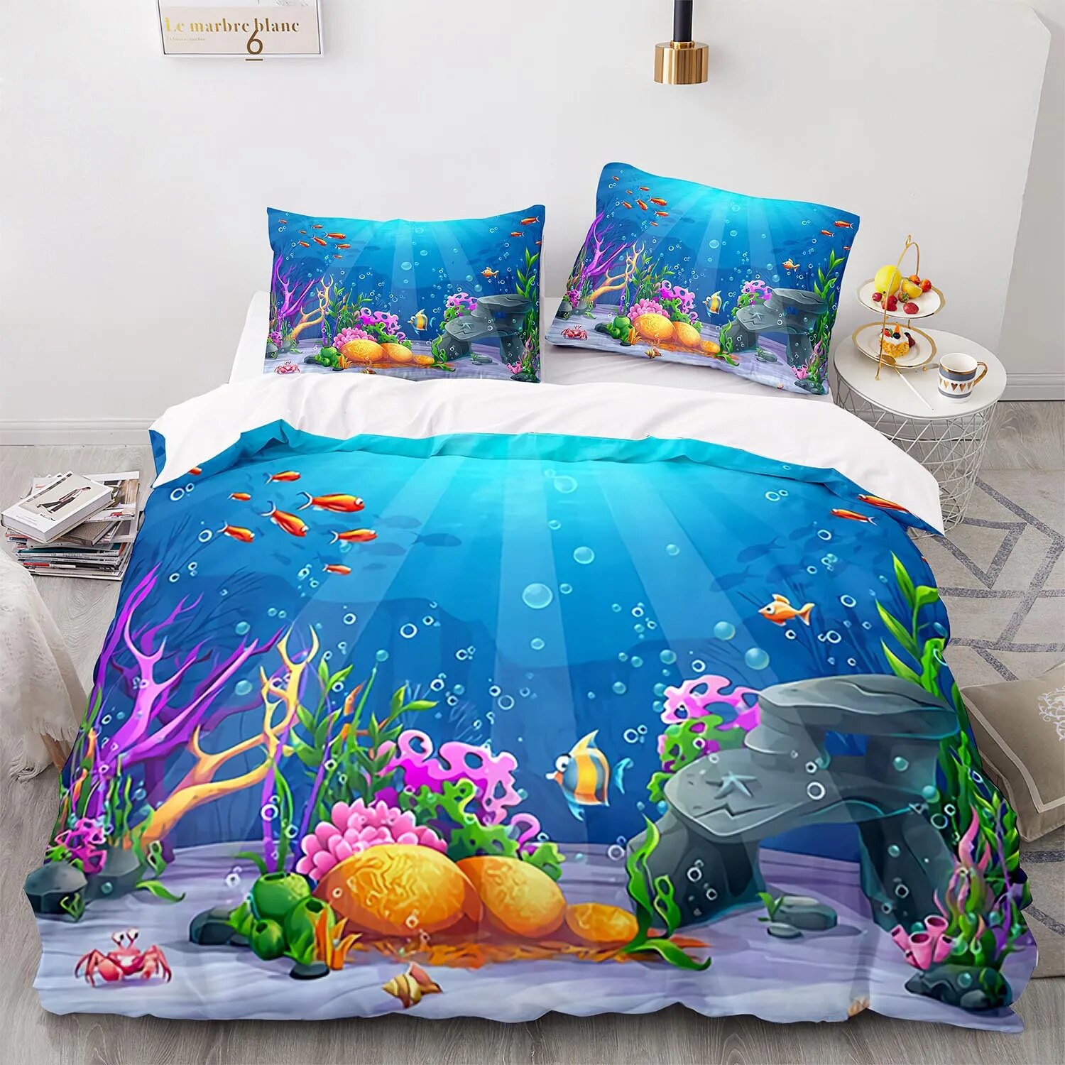 Fish Duvet Cover Full Ocean Bedding Sets 3D Printed Underwater World With Goldfish Coral Reef