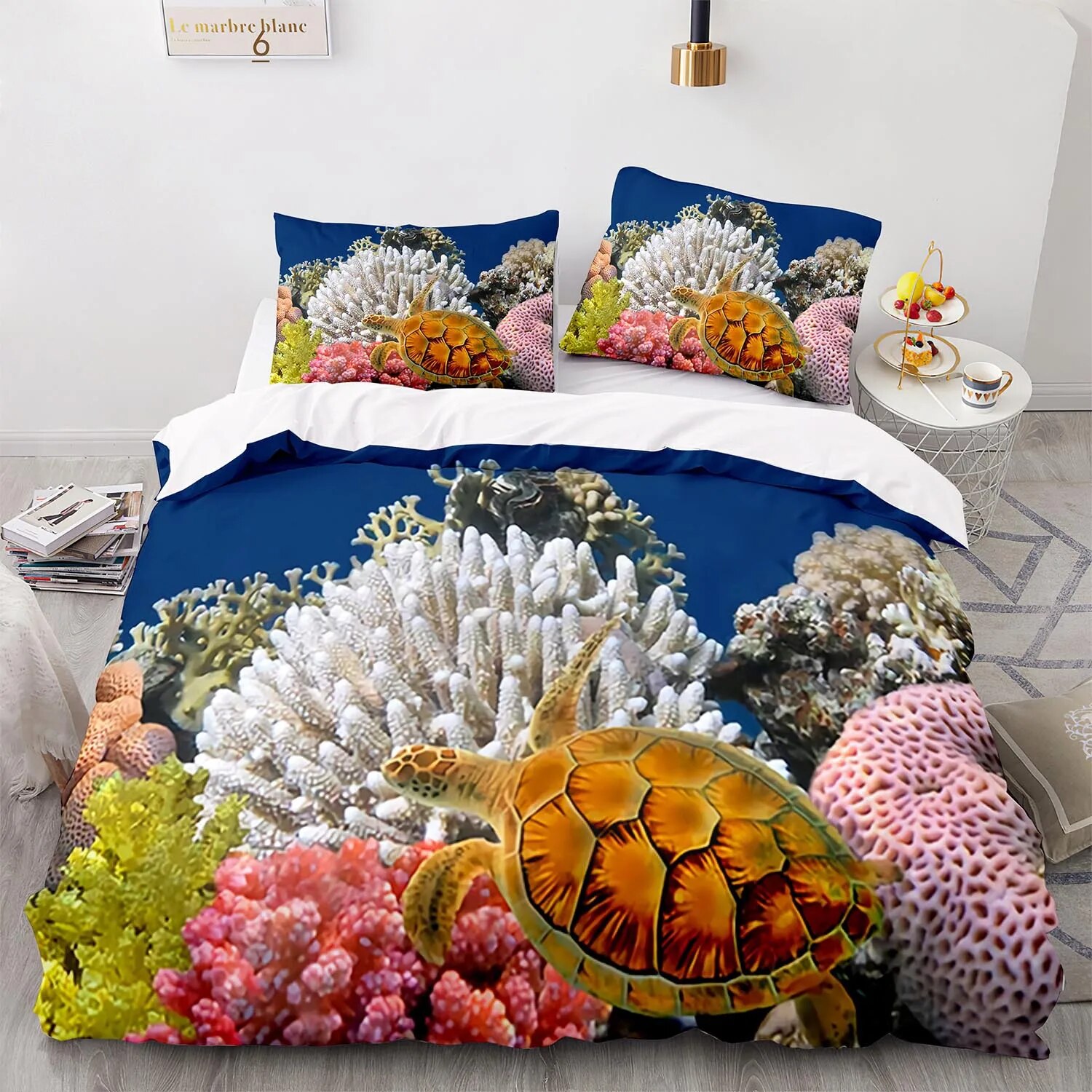 Fish Duvet Cover Full Ocean Bedding Sets 3D Printed Underwater World With Goldfish Coral Reef