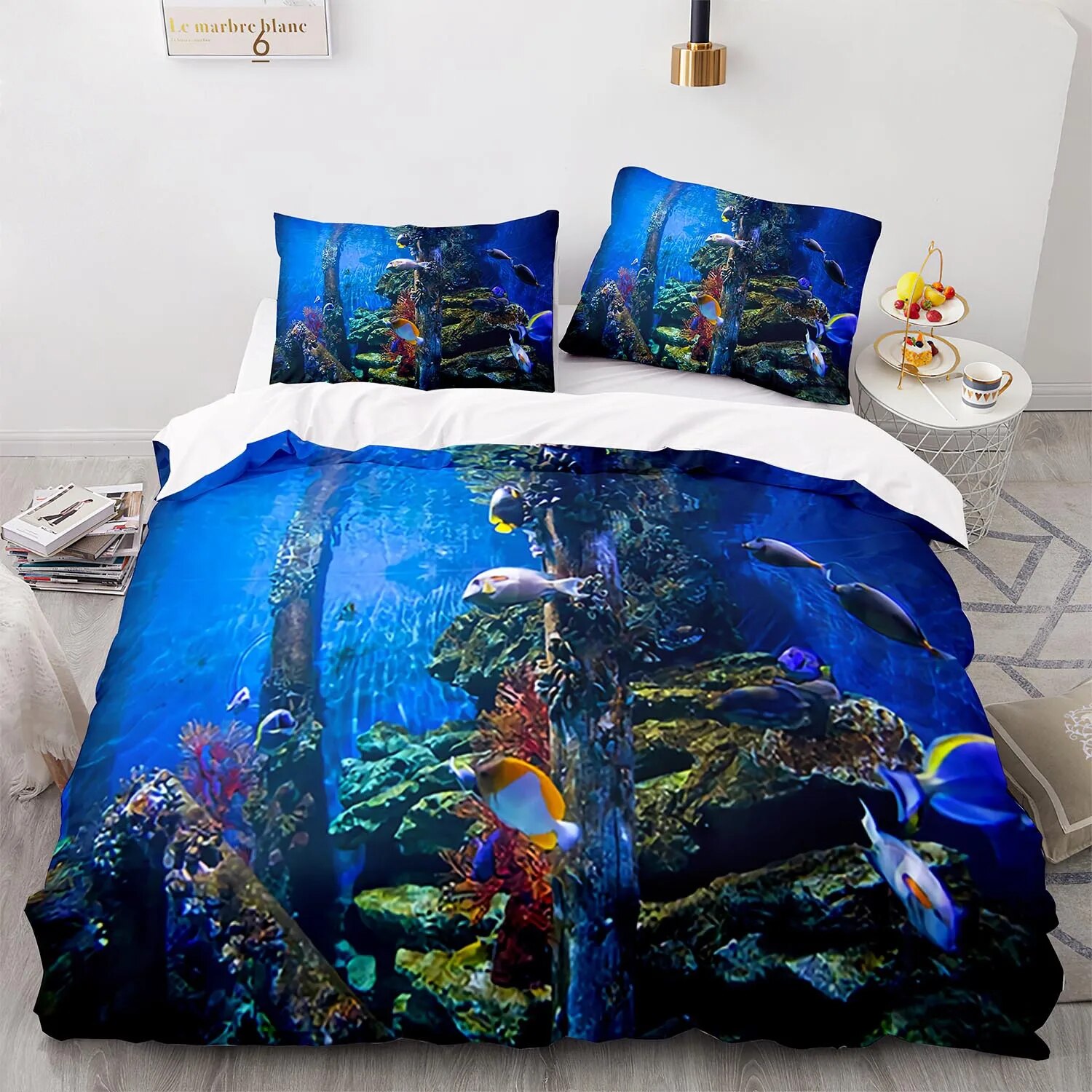 Fish Duvet Cover Full Ocean Bedding Sets 3D Printed Underwater World With Goldfish Coral Reef