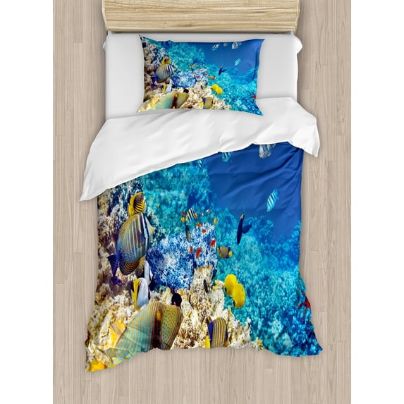 Fish Duvet Cover Set, Barrier Reefs Covered Sea with Lagoon and Zebrafish Anemonefish Picture, Decorative 2 Piece Bedding Set with 1 Pillow Shams, Twin Size, Turquoise Pale Yellow, by Ambesonne