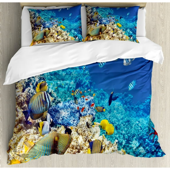 Fish Duvet Cover Set, Barrier Reefs Covered Sea with Lagoon and Zebrafish Anemonefish Picture, Decorative 3 Piece Bedding Set with 2 Pillow Shams, King Size, Turquoise Pale Yellow, by Ambesonne