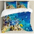 thumbnail image 1 of Fish Duvet Cover Set, Barrier Reefs Covered Sea with Lagoon and Zebrafish Anemonefish Picture, Decorative 3 Piece Bedding Set with 2 Pillow Shams, Queen Size, Turquoise Pale Yellow, by Ambesonne, 1 of 3
