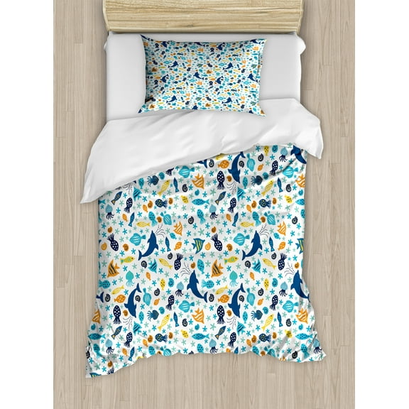 Fish Duvet Cover Set, Dolphin Starfish Jellyfish Sea Shells on Plain Backdrop Illustration, Decorative 2 Piece Bedding Set with 1 Pillow Shams, Twin Size, Dark Sky Blue Marigold, by Ambesonne
