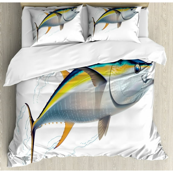 Fish Duvet Cover Set King Size, Yellowfin Tuna Realistically Illustrated with Shadows and Water Details on Fins, Decorative 3 Piece Bedding Set with 2 Pillow Shams, Earth Yellow Blue, by Ambesonne