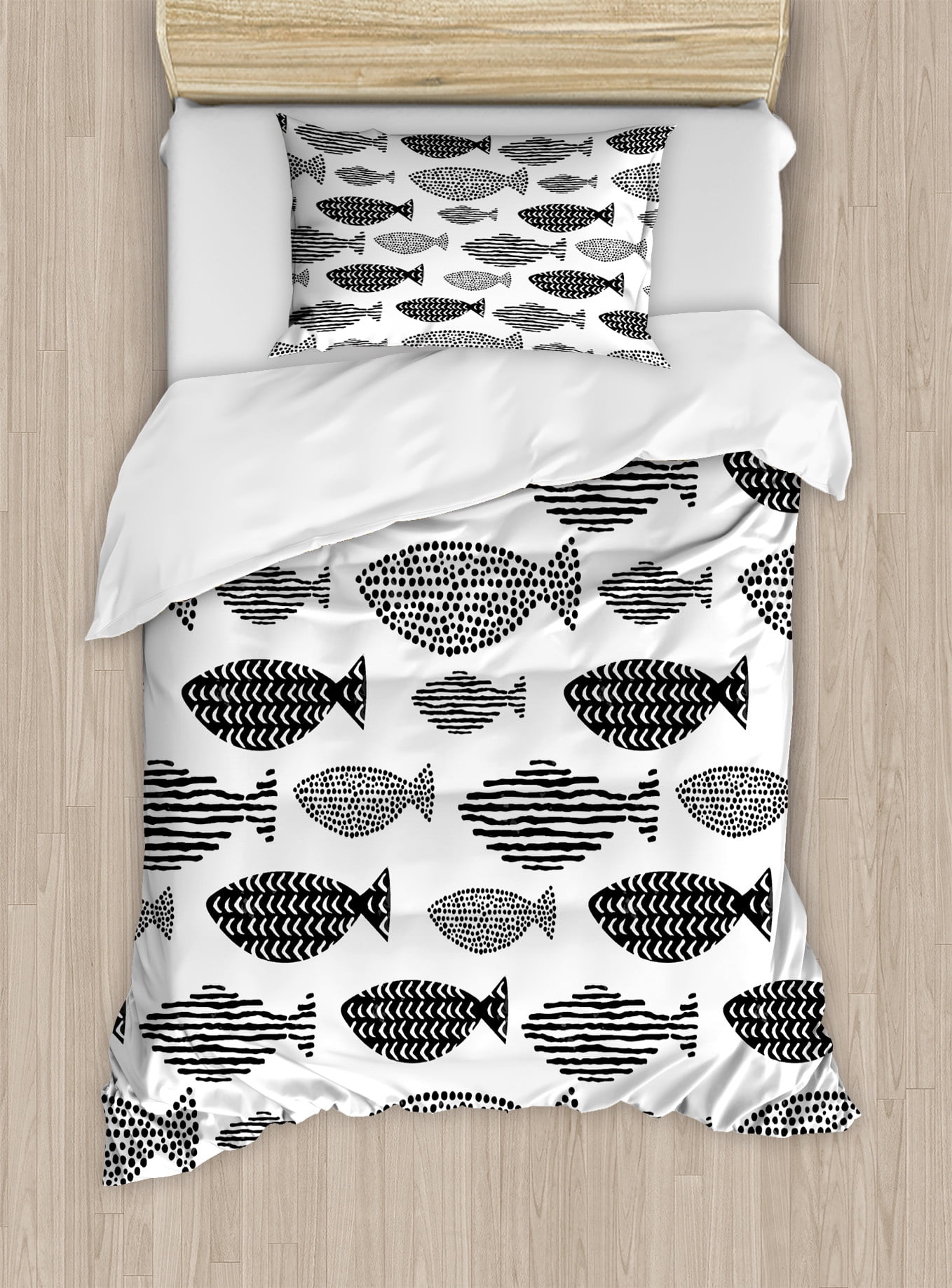 Black and White Fish Pattern Twin Duvet Cover Set