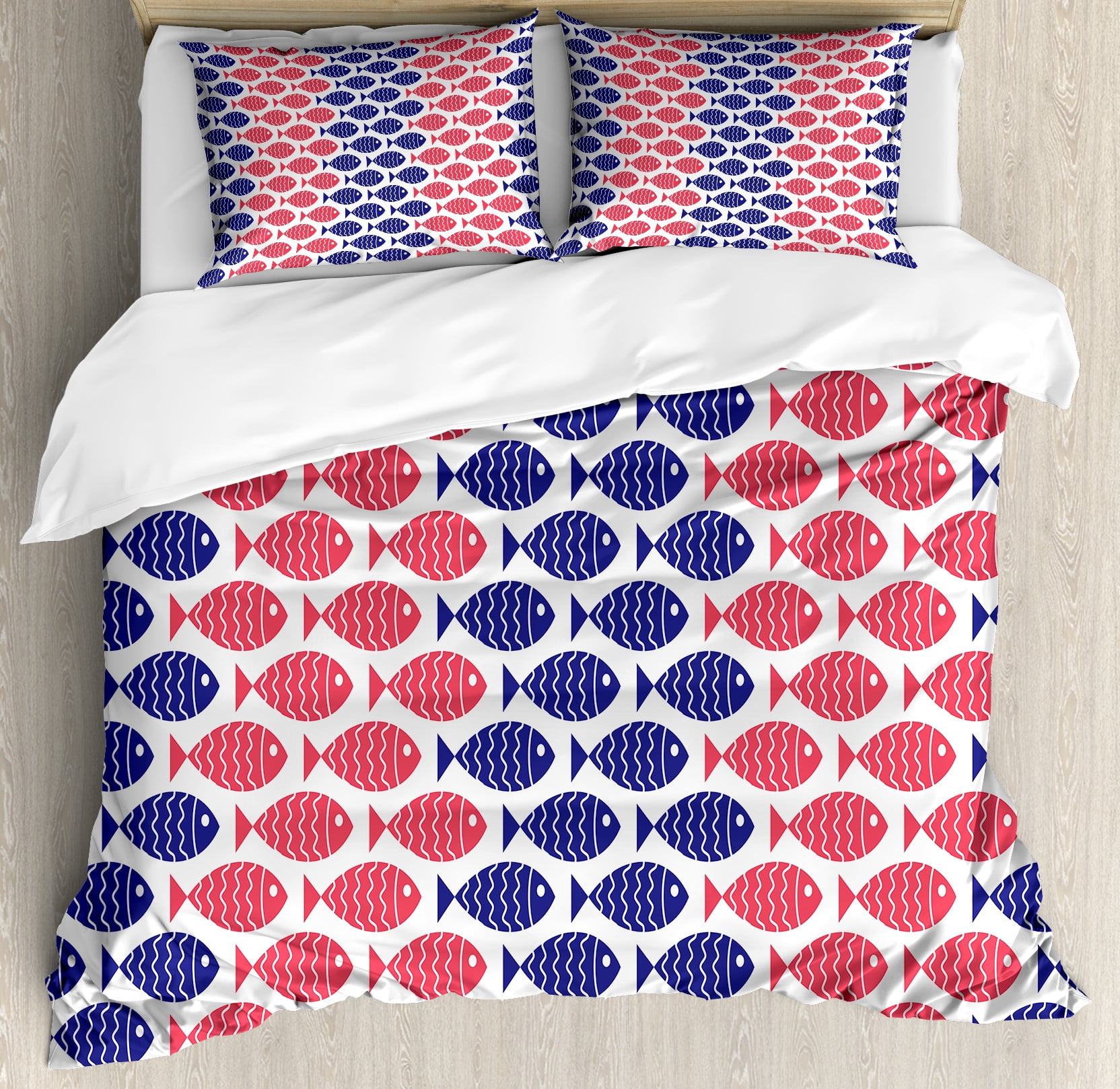 Red and Navy Blue Fish Print Queen Duvet Cover Set