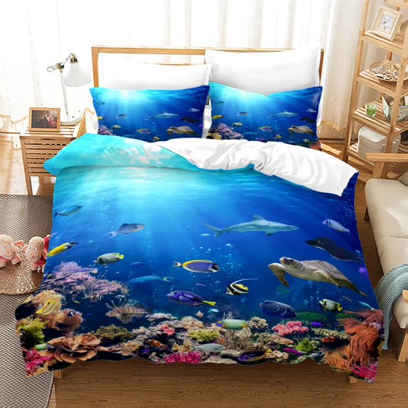 Fish Duvet Cover Set Ocean Bedding Sets 3D Printed Underwater World with Gold Co