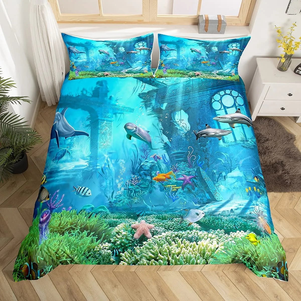 Fish Duvet Cover Set Ocean Bedding Sets 3D Printed Underwater World with Shark Dolphin Coral