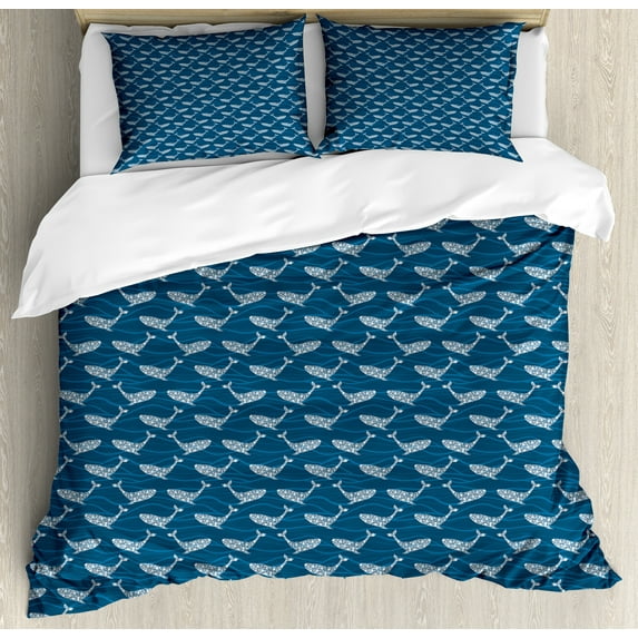 Fish Duvet Cover Set, Ocean Whales in Flowering Details Deep Sea Aquatic Animals Marine Repetition, Decorative 3 Piece Bedding Set with 2 Pillow Shams, King Size, Night Blue and White, by Ambesonne