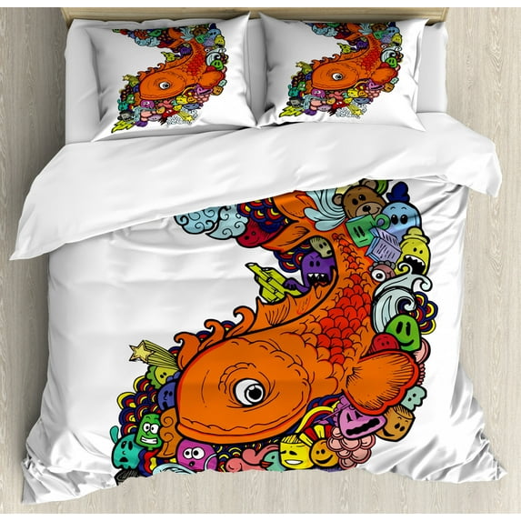 Fish Duvet Cover Set Queen Size, Big Fish with Bunch of Underwater Sea Creatures Animal Ocean Coral Reef Cartoon Fun, Decorative 3 Piece Bedding Set with 2 Pillow Shams, Multicolor, by Ambesonne
