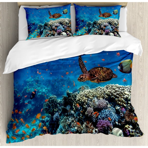 Fish Duvet Cover Set Queen Size, Exotic Fish and Turtle in Fresh Water on Stony Corals Bio Diversity Wild Life Photo, Decorative 3 Piece Bedding Set with 2 Pillow Shams, Multicolor, by Ambesonne